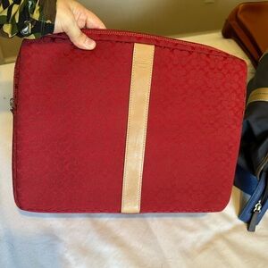 Coach Red Laptop Sleeve with Tan Leather Stripe